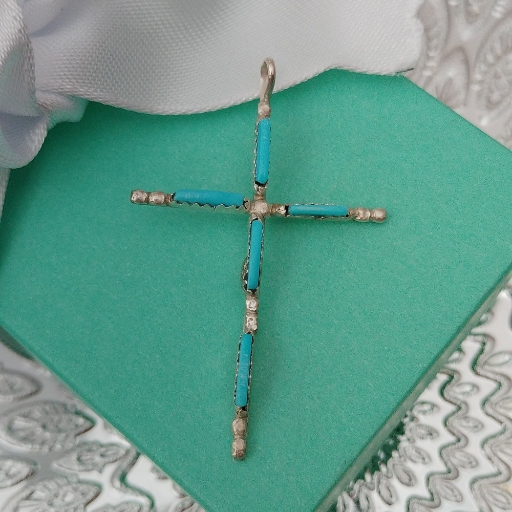 Zuni Artisan Petit Point Fine Turquoise Cross Pendant